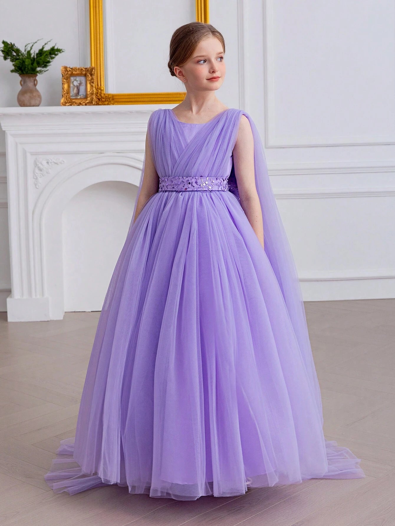 Tween Girl Glitter Bow Tulle Party Dress