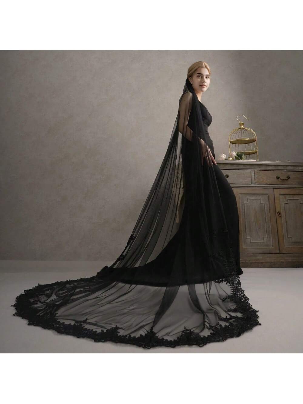 Handmade Lace Edge Bridal Veil Black Veil