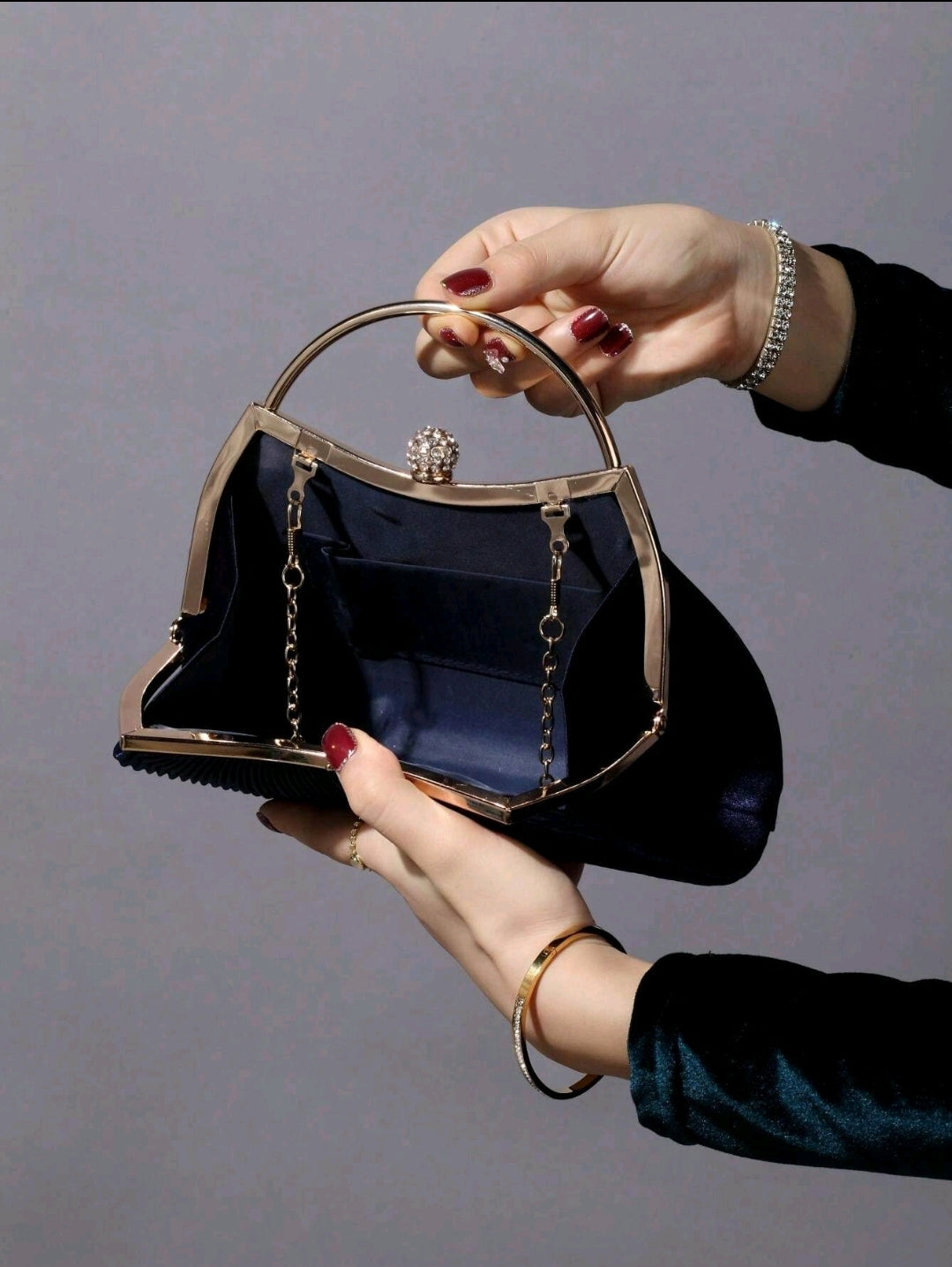 Rhinestone Decorated Fashion Metallic Evening Clutch Bag