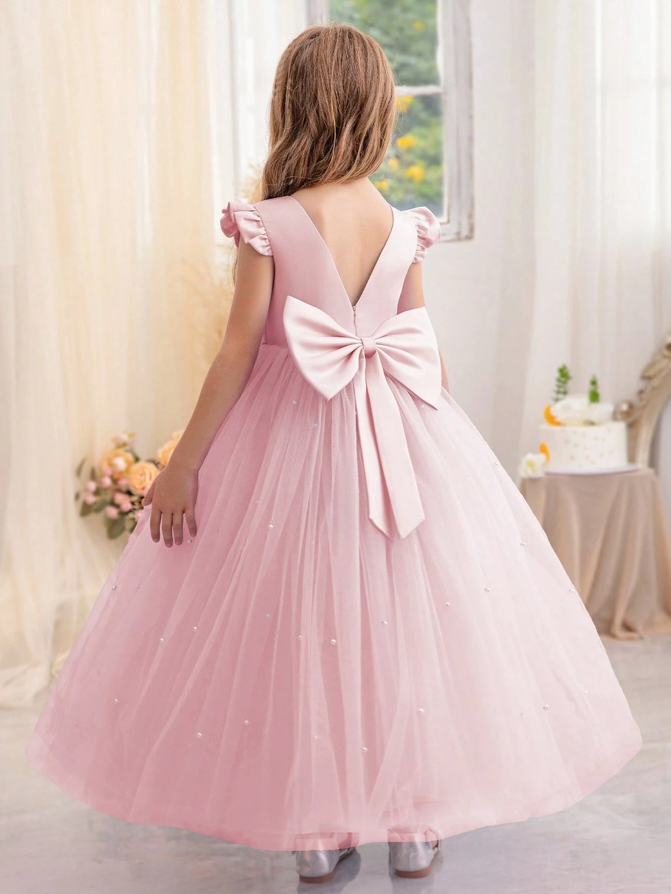 Tween Girl Ruffled Bowknot Decor Tulle Princess Dress
