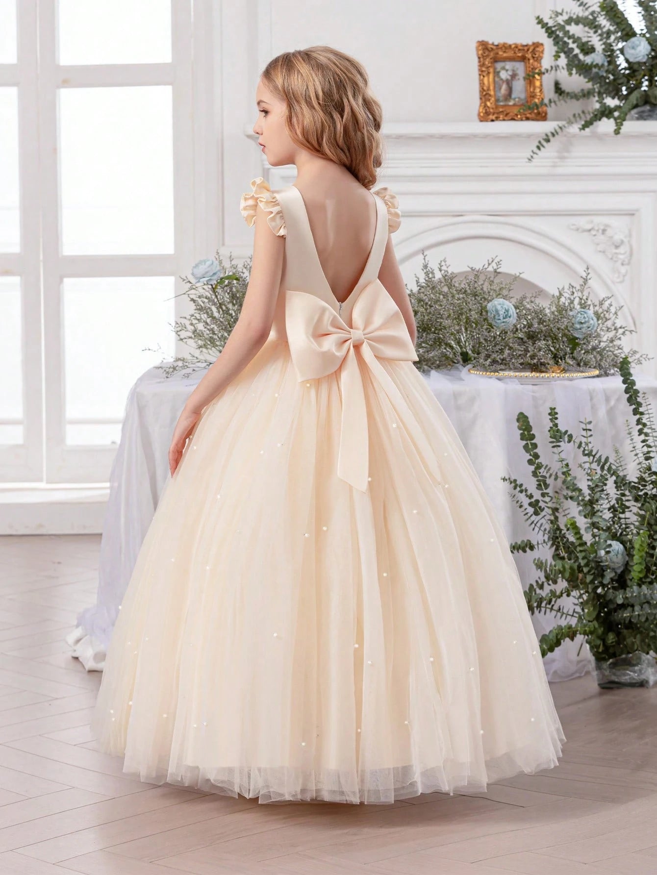 Tween Girl Ruffled Bowknot Decor Tulle Princess Dress