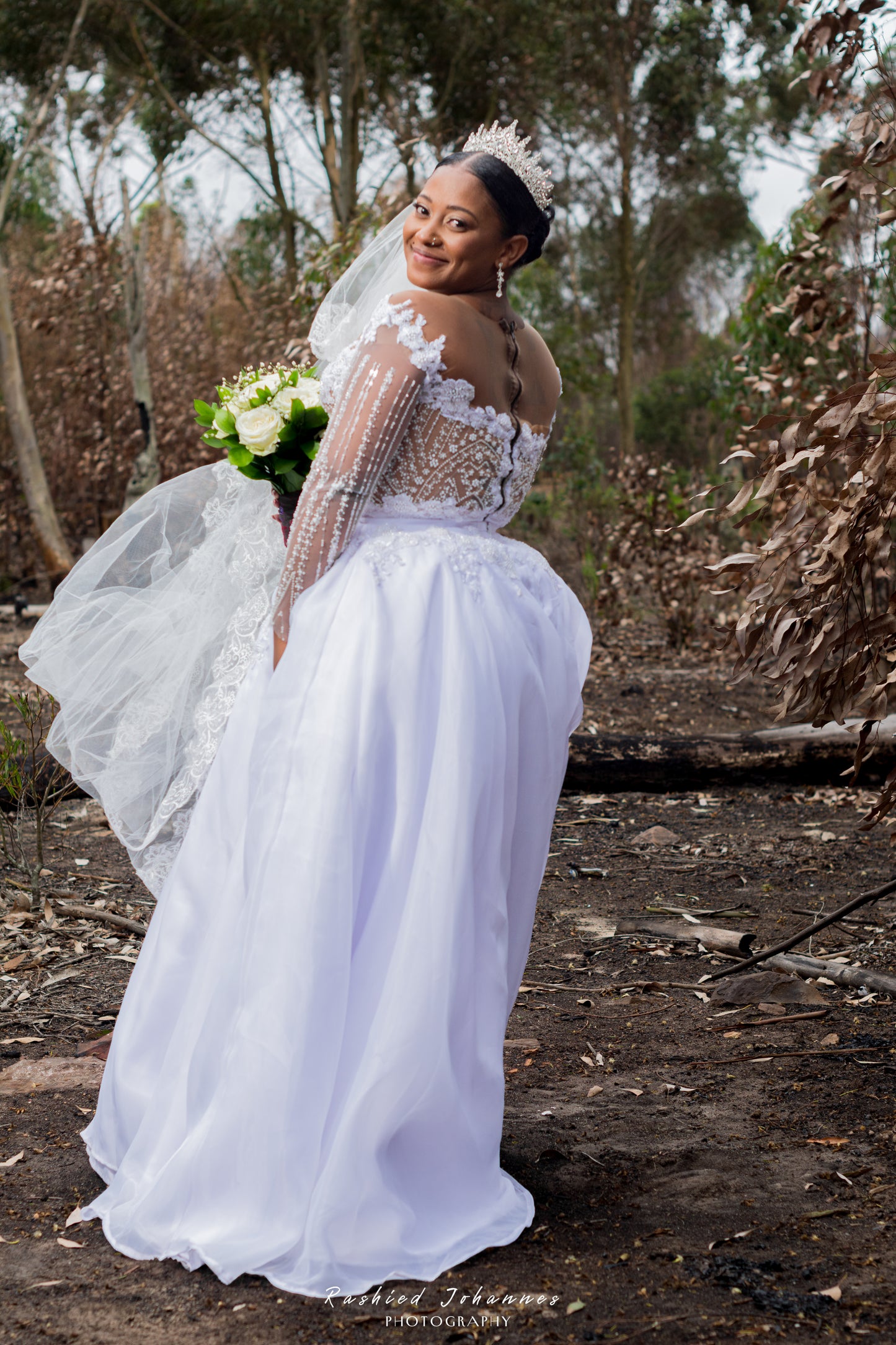 Dreamy Princess A-Line Wedding Dress – Custom Lace, Sheer Sleeves & Veil Included