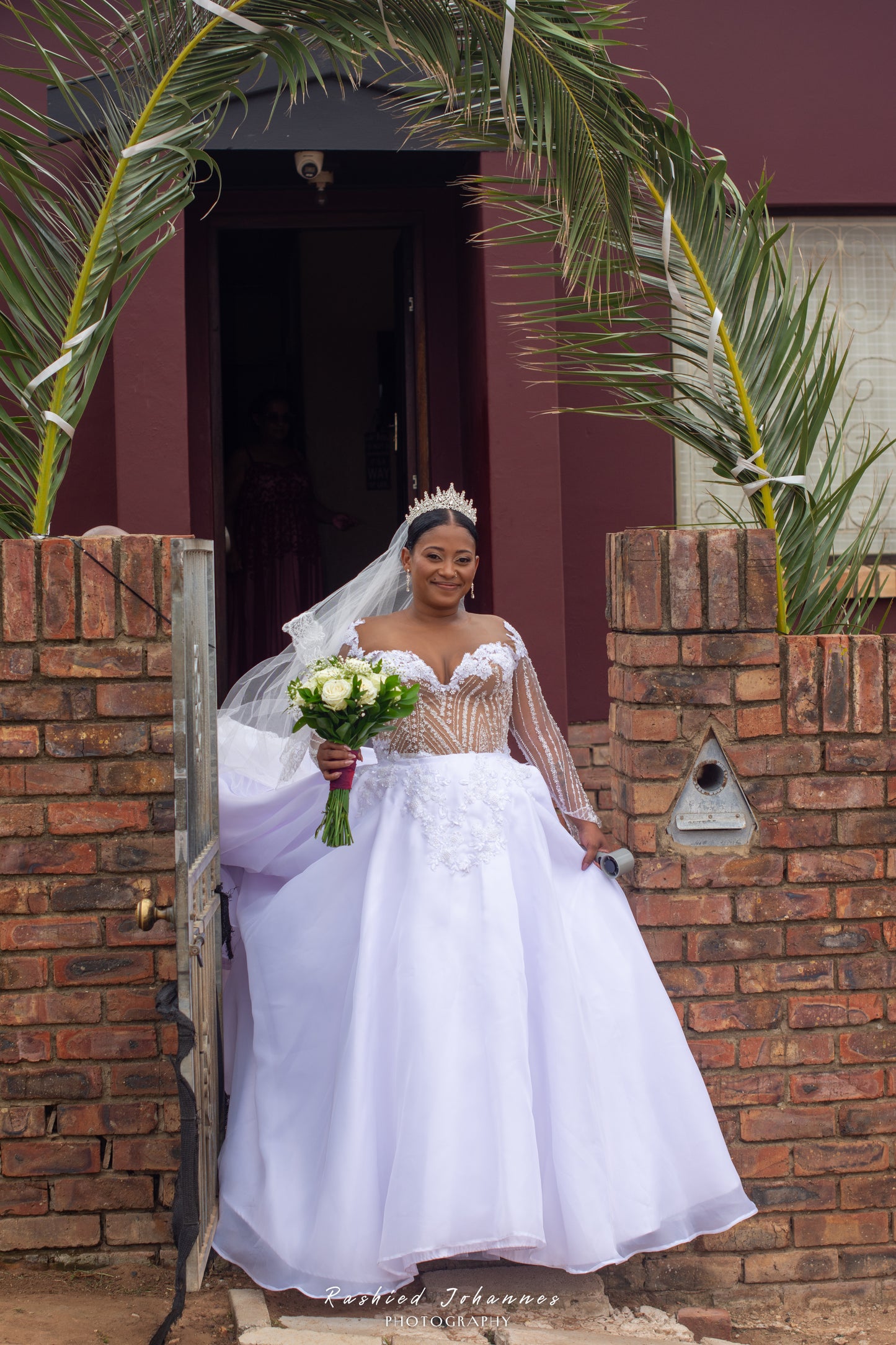 Dreamy Princess A-Line Wedding Dress – Custom Lace, Sheer Sleeves & Veil Included