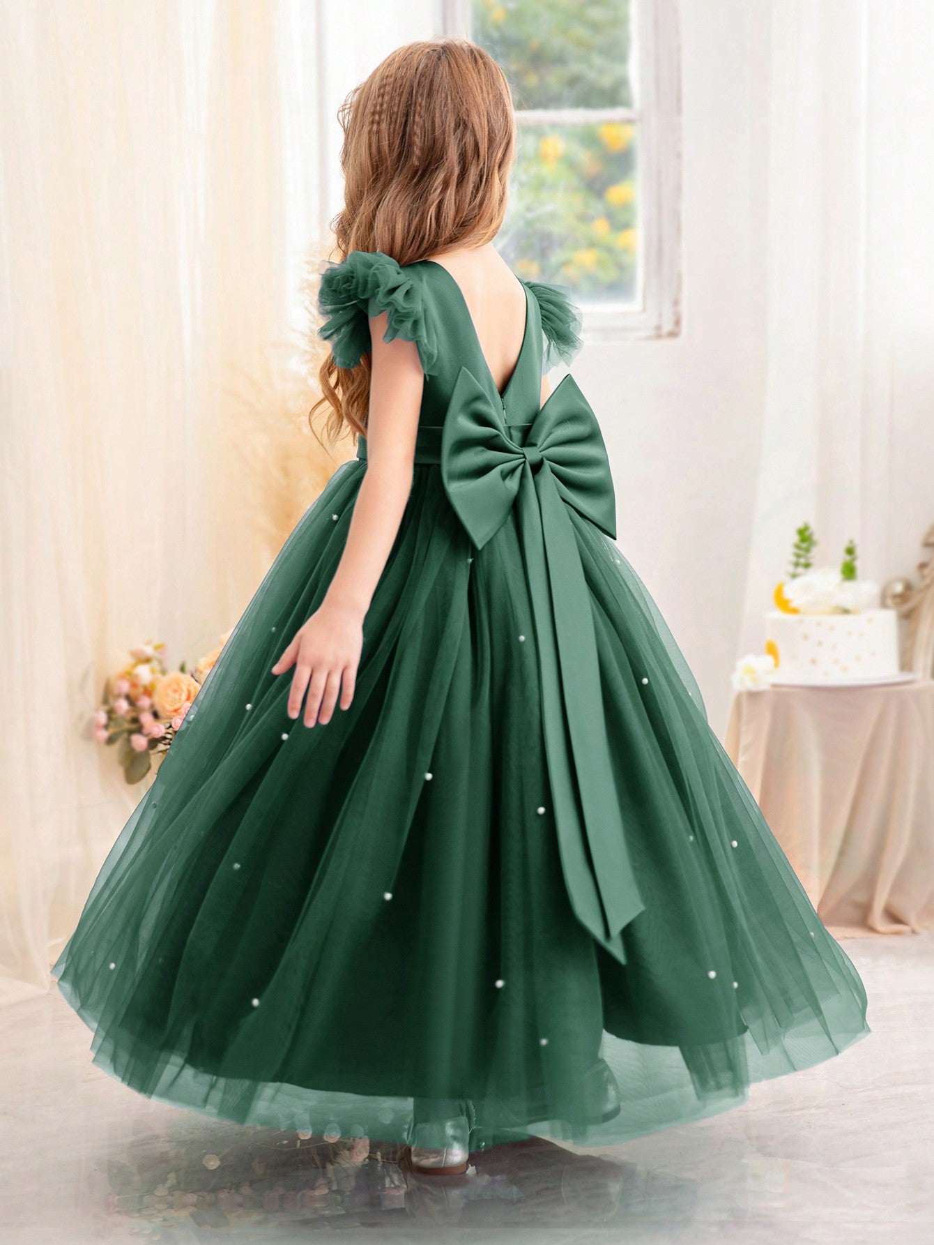 Tulle Cap Sleeve Princess Dress Dark Green