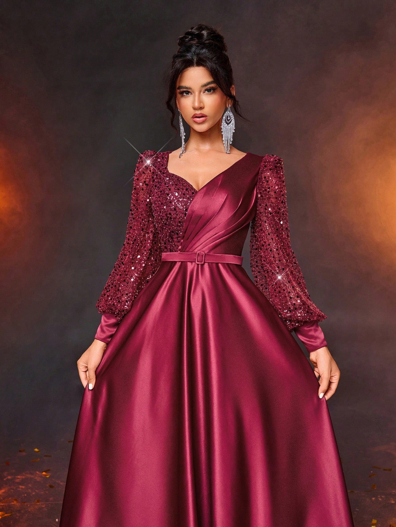 knee length dresses for ladies Long Sleeve Satin Slip Dress in Cocoa Brown – Hijabglamour main image 1
