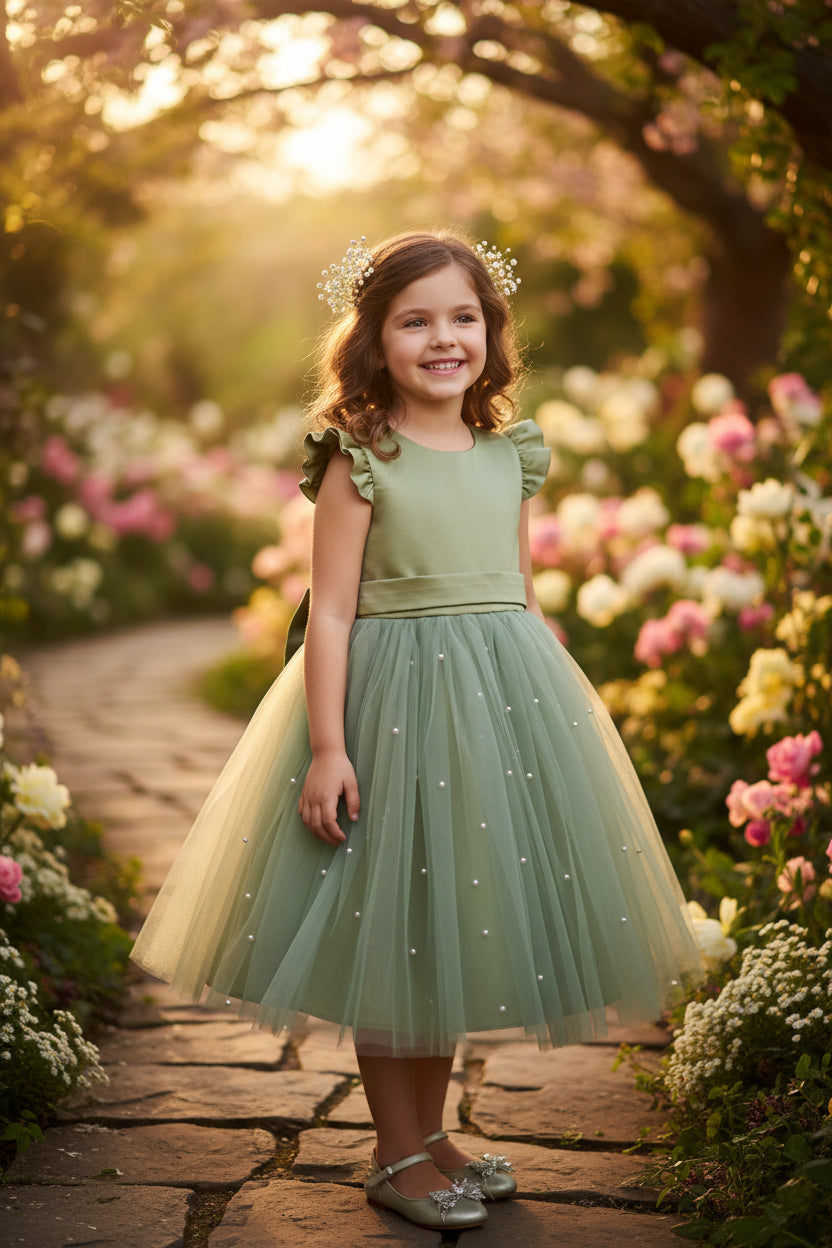 Green dress with a sheer overlay and pearl details on a hanger.