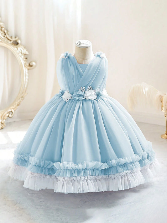 Mesh Ruffle Trim Gown Dress Sky Blue
