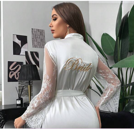 Letter Graphic Contrast Lace Belted Satin Robe