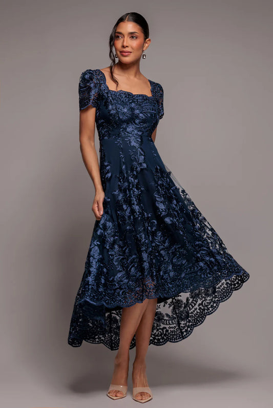 Scalloped Neck Embroidered Lace High Low Midi Dress
