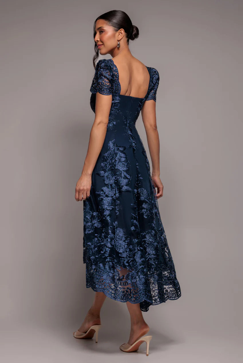Scalloped Neck Embroidered Lace High Low Midi Dress