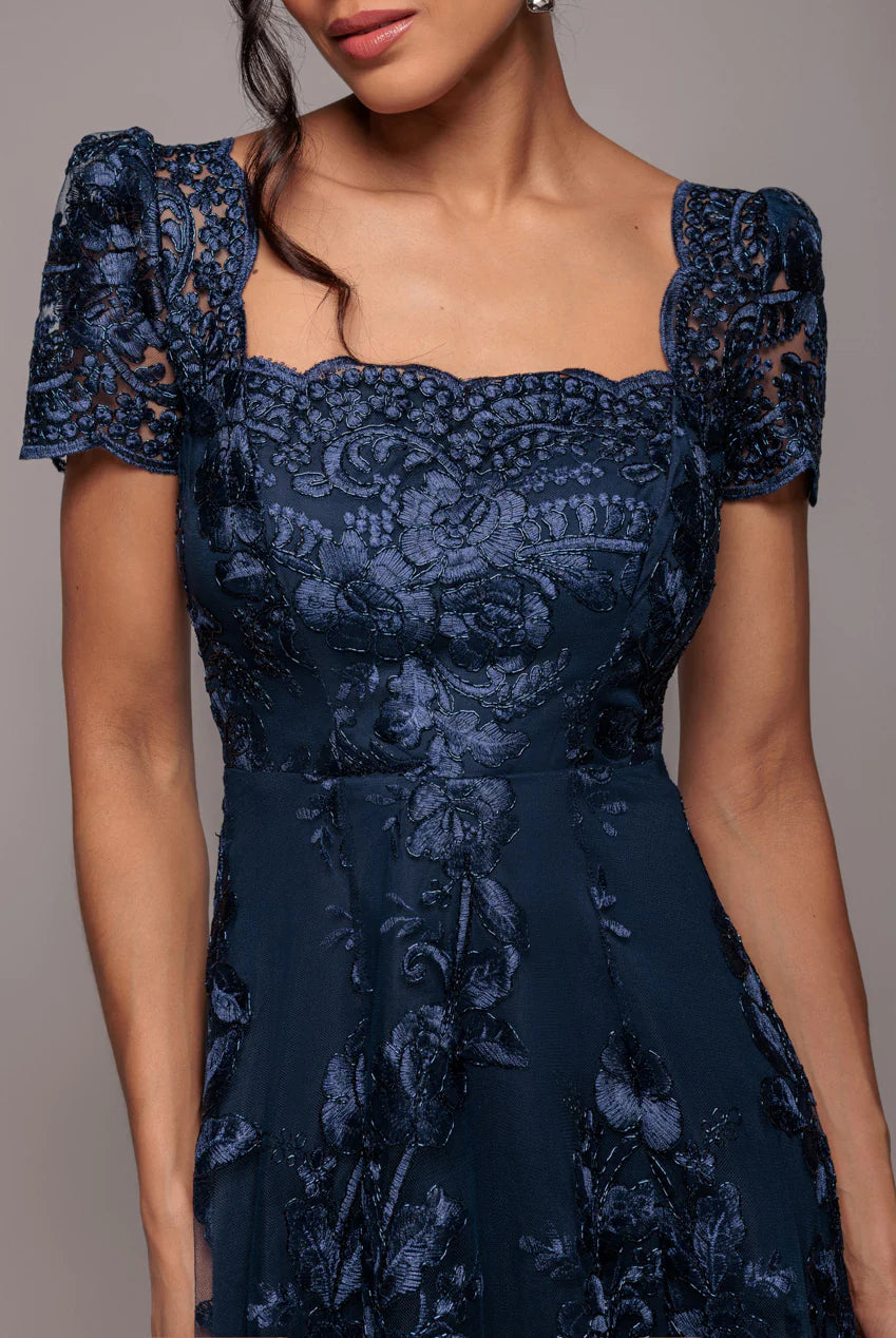 Scalloped Neck Embroidered Lace High Low Midi Dress