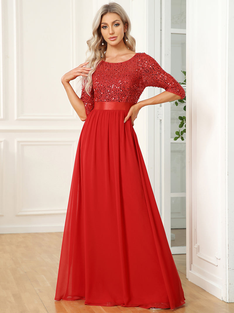 Round Neckline Patchwork Evening Dress Red