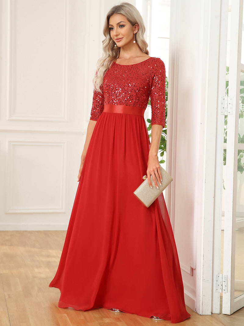 Round Neckline Patchwork Evening Dress Red