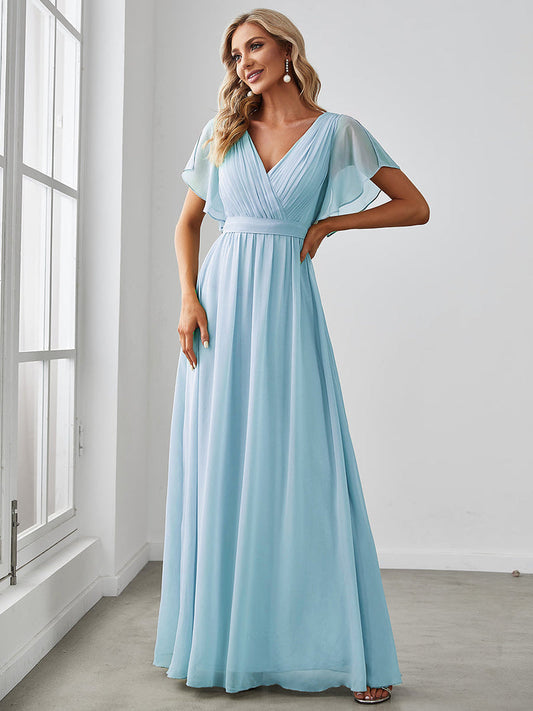 Sky Blue Butterfly Sleeve Chiffon Bridesmaid Dress