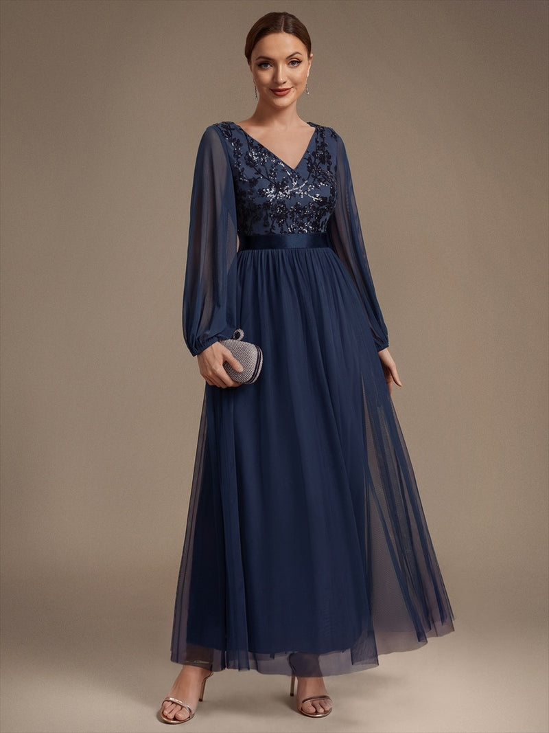 Long Sleeve Sequin Tulle V-Neck A-Line Evening Dresses