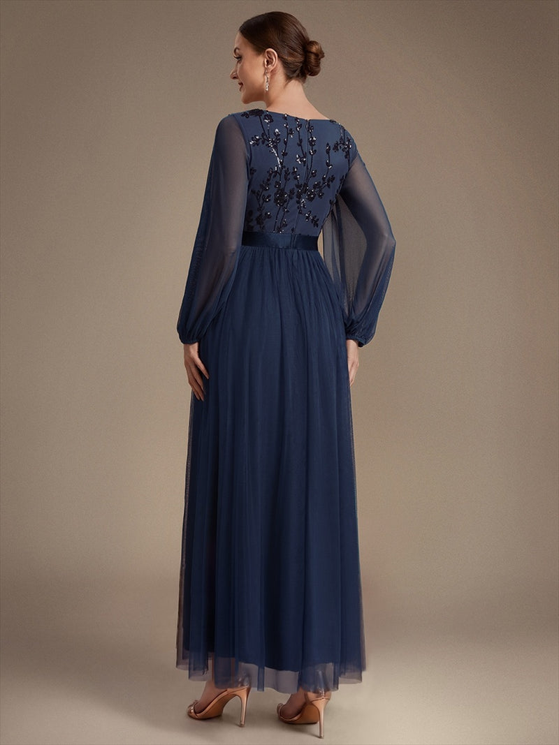 Long Sleeve Sequin Tulle V-Neck A-Line Evening Dresses