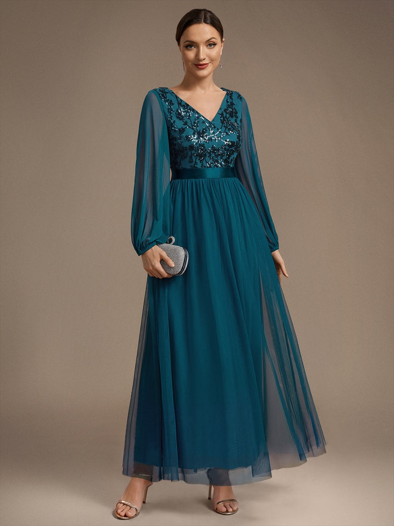 Long Sleeve Sequin Tulle V-Neck A-Line Evening Dresses Teal