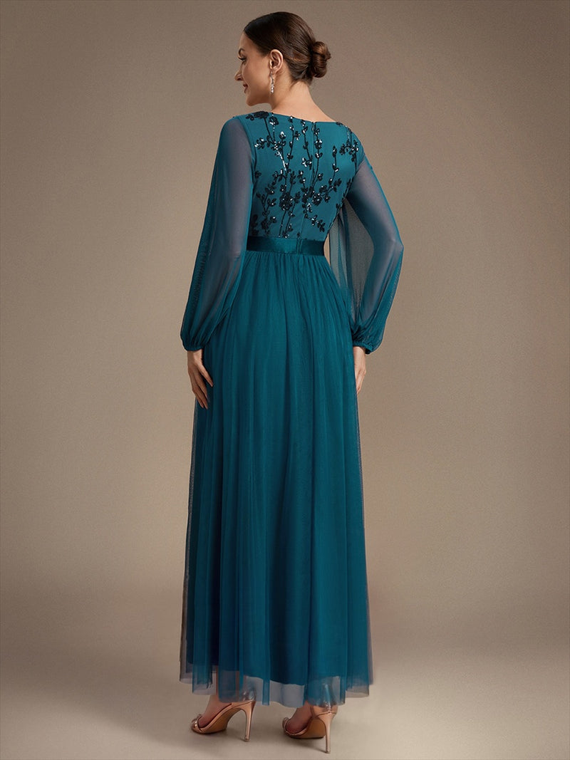Long Sleeve Sequin Tulle V-Neck A-Line Evening Dresses Teal