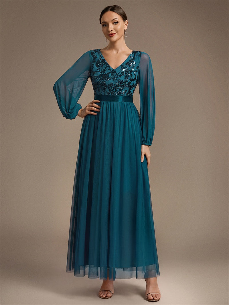 Long Sleeve Sequin Tulle V-Neck A-Line Evening Dresses Teal