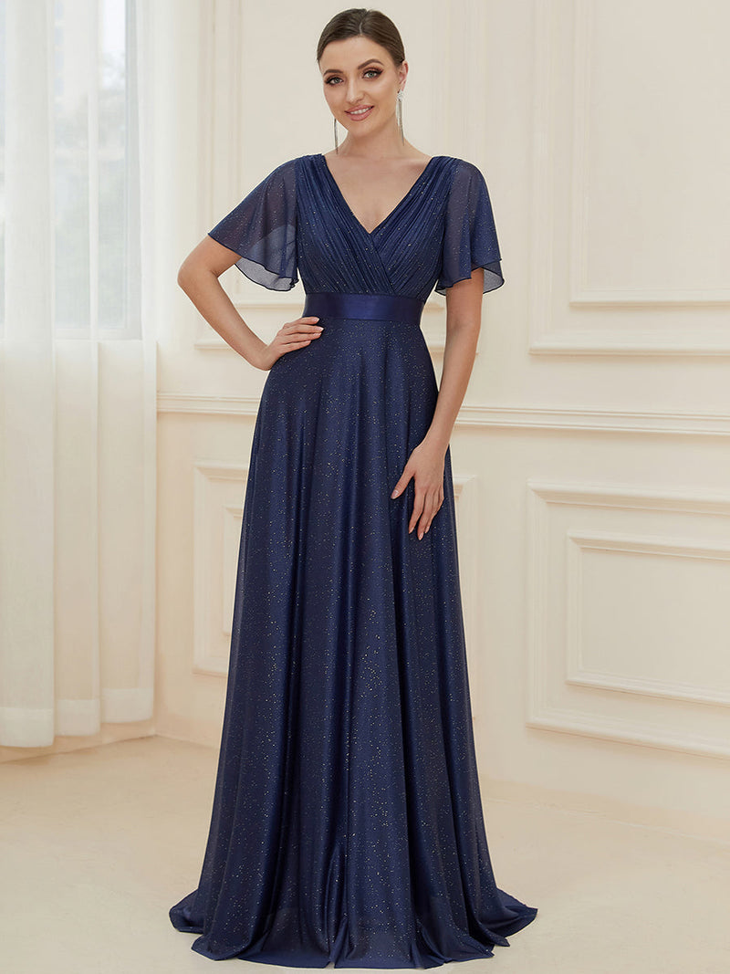 Deep V Neck Ruffles Sleeve A Line Mother of Groom Dresses