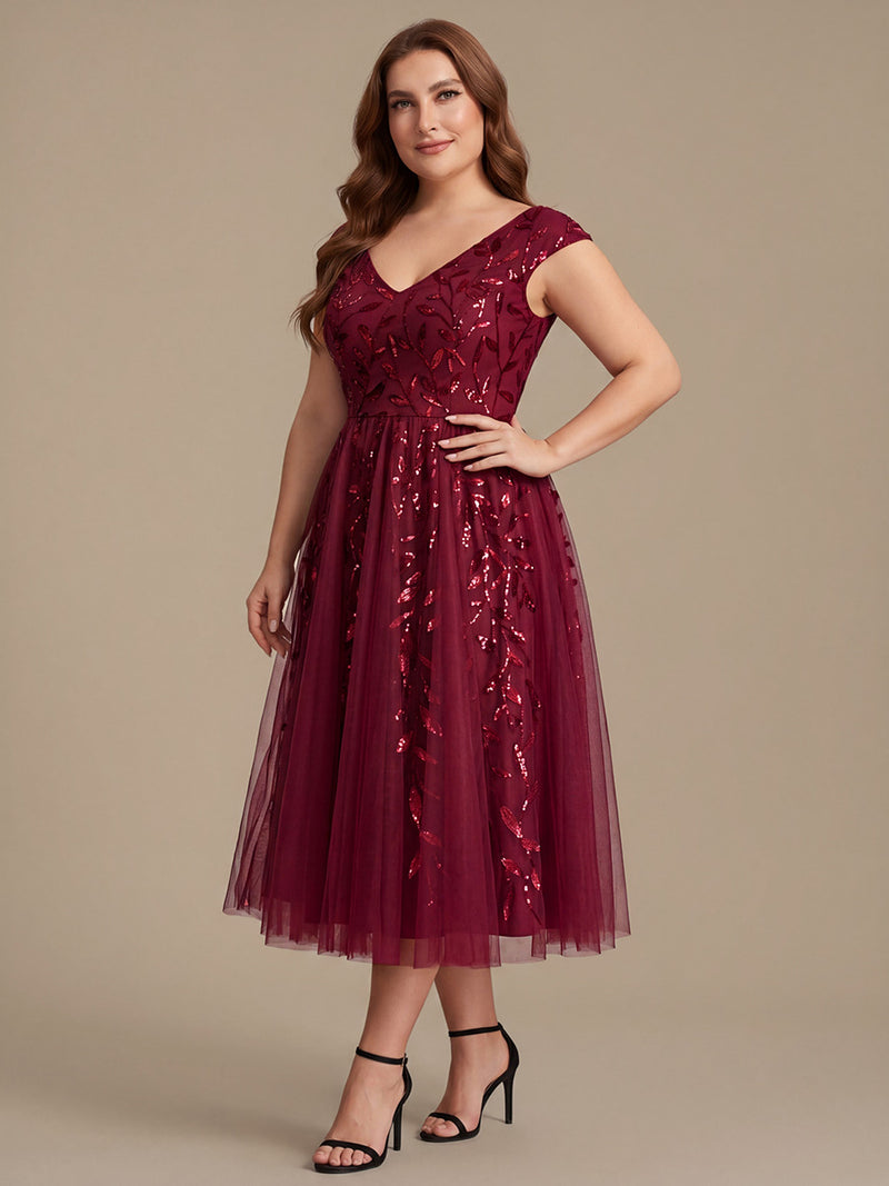 Sleeveless V-Neck Sequin A-Line Midi Wedding Guest Dresses Burgundy