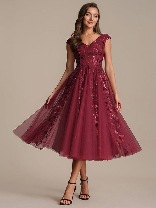 Sleeveless V-Neck Sequin A-Line Midi Wedding Guest Dresses Burgundy