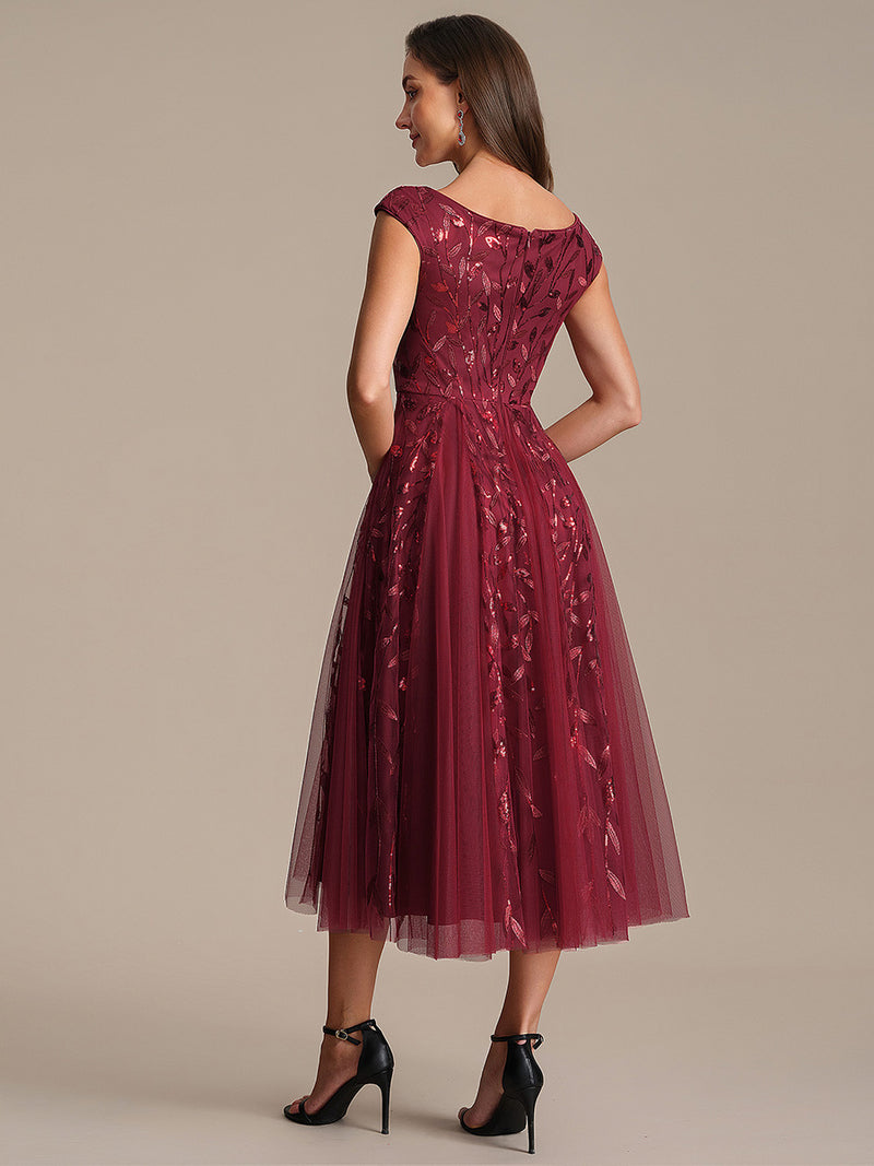 Sleeveless V-Neck Sequin A-Line Midi Wedding Guest Dresses Burgundy