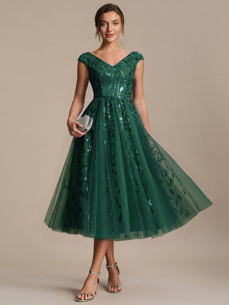 Sleeveless V-Neck Sequin A-Line Midi Wedding Guest Dresses Dark Green