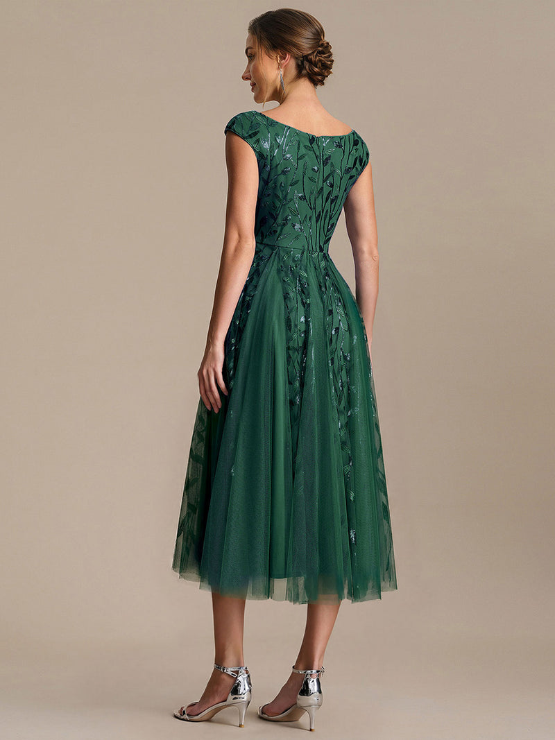 Sleeveless V-Neck Sequin A-Line Midi Wedding Guest Dresses Dark Green