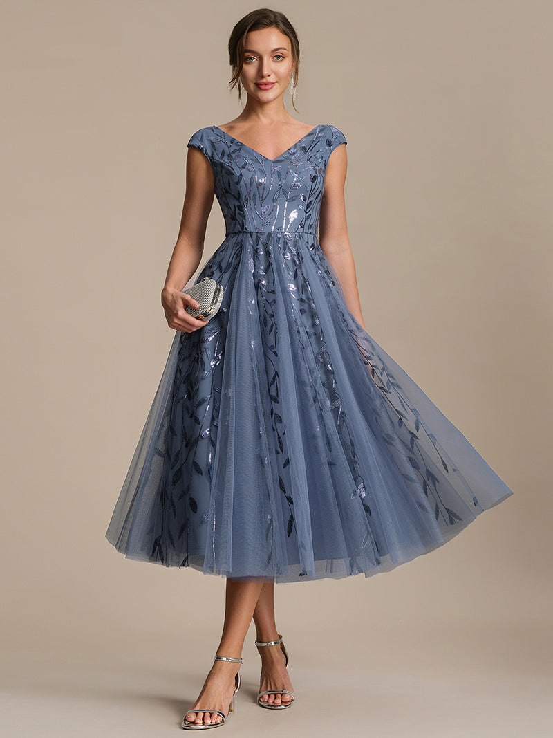 Sleeveless V-Neck Sequin A-Line Midi Wedding Guest Dresses Dusty Blue