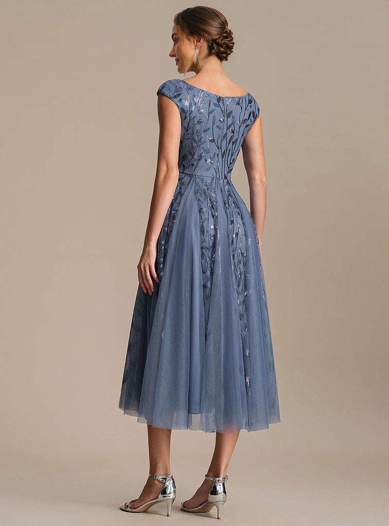 Sleeveless V-Neck Sequin A-Line Midi Wedding Guest Dresses Dusty Blue