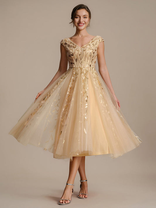 Sleeveless V-Neck Sequin A-Line Midi Wedding Guest Dresses Gold