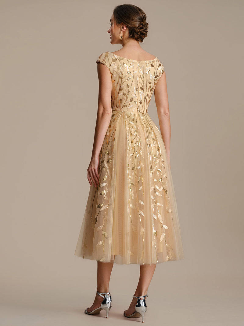 Sleeveless V-Neck Sequin A-Line Midi Wedding Guest Dresses Gold
