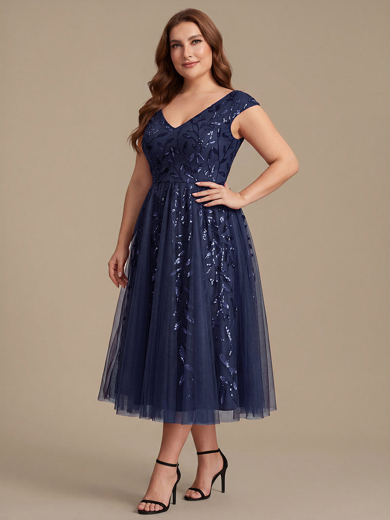 Sleeveless V-Neck Sequin A-Line Midi Wedding Guest Dresses