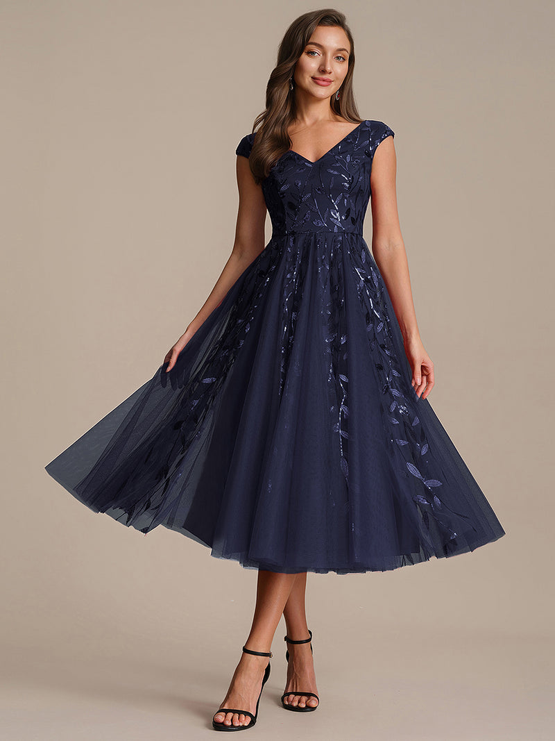 Sleeveless V-Neck Sequin A-Line Midi Wedding Guest Dresses