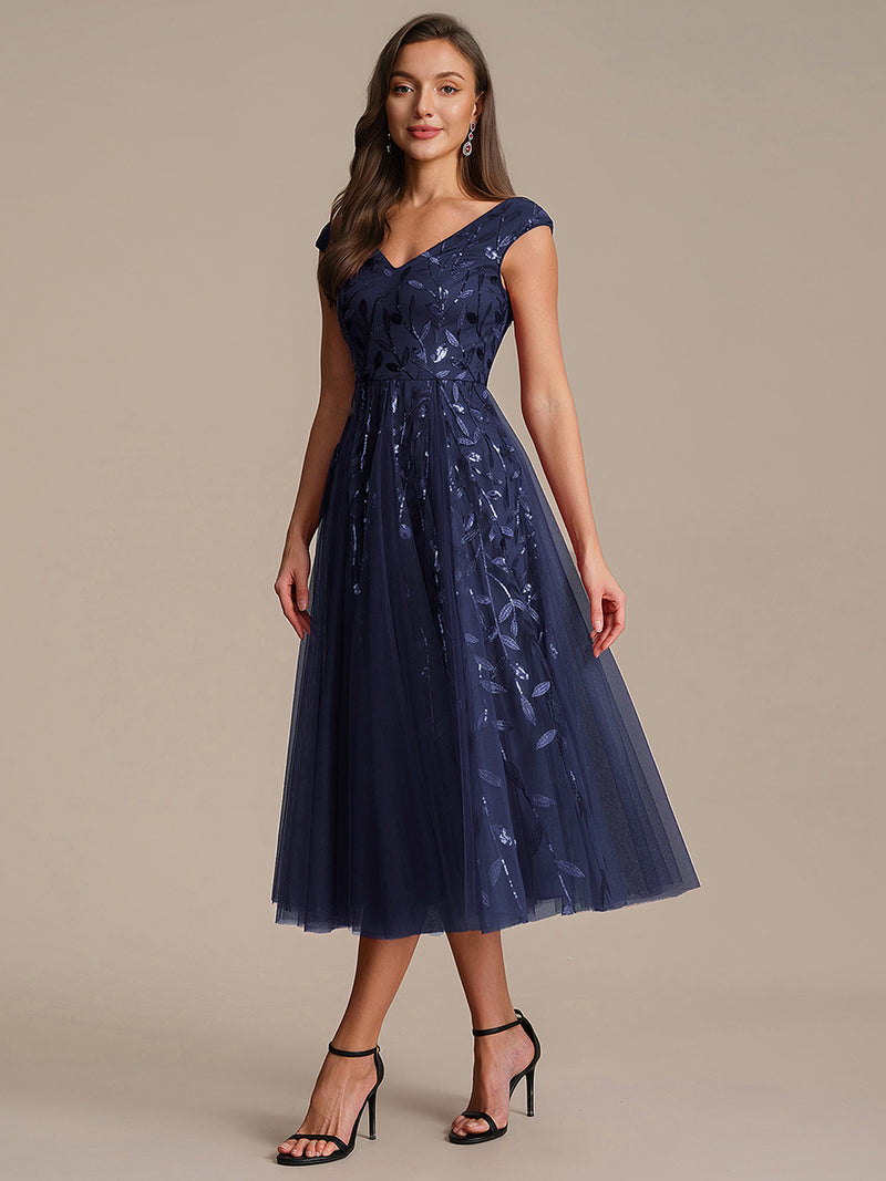 Sleeveless V-Neck Sequin A-Line Midi Wedding Guest Dresses