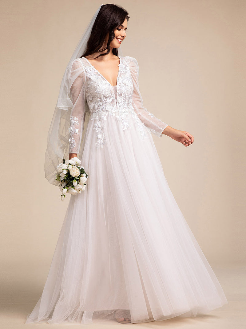 Applique Sheer Long Sleeve Wedding Dress