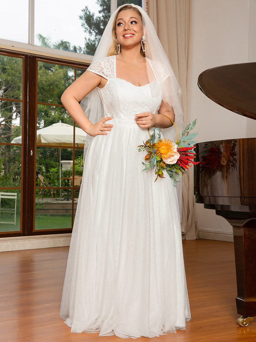 Plus Size Tulle Wedding Dress With Lace Cap Sleeves