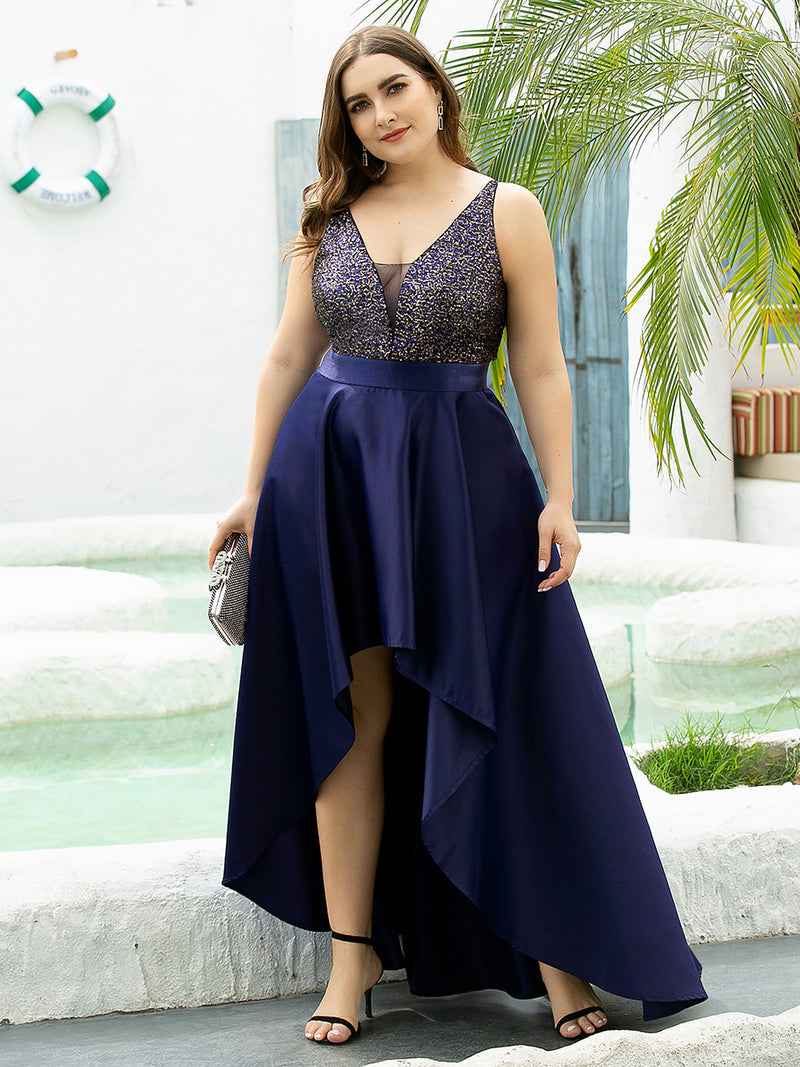 Plus Size Shiny High-Low Bridesmaid Dress Navy Blue