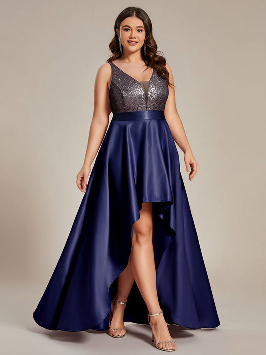 Plus Size Shiny High-Low Bridesmaid Dress Navy Blue