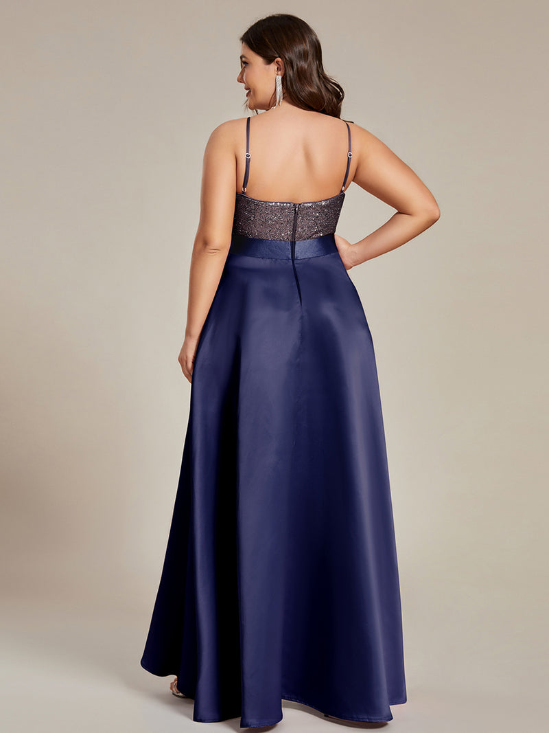 Plus Size Shiny High-Low Bridesmaid Dress Navy Blue