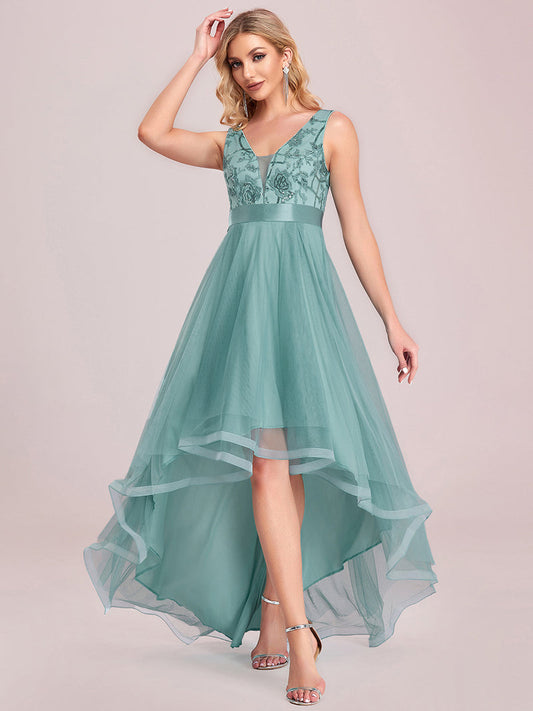High-Low V Neck Tulle Prom Dress with Sequin Applique - Dusty Blue
