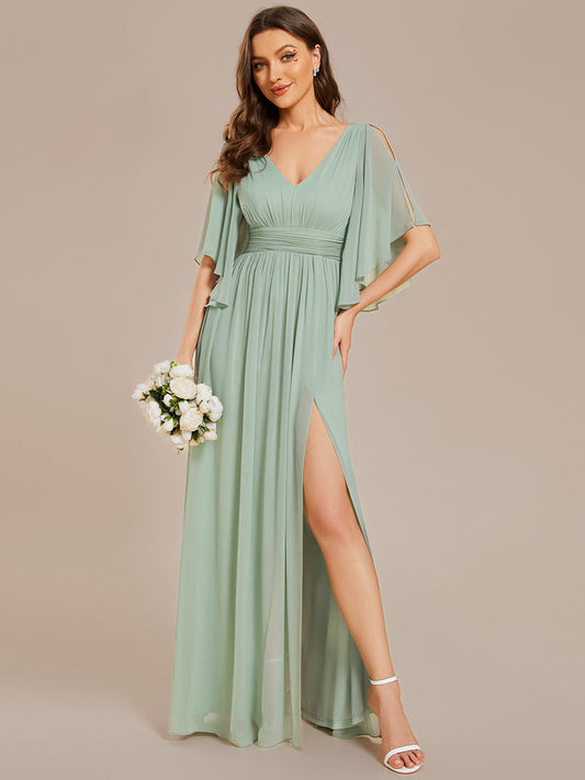 V Neck Pleated Belt Chiffon Bridesmaid Dress Mint Green