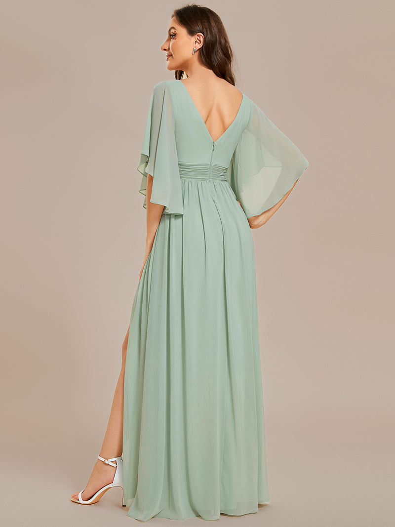 V Neck Pleated Belt Chiffon Bridesmaid Dress Mint Green