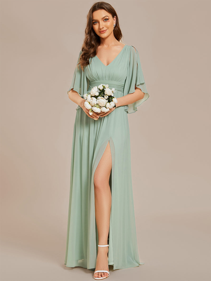 V Neck Pleated Belt Chiffon Bridesmaid Dress Mint Green