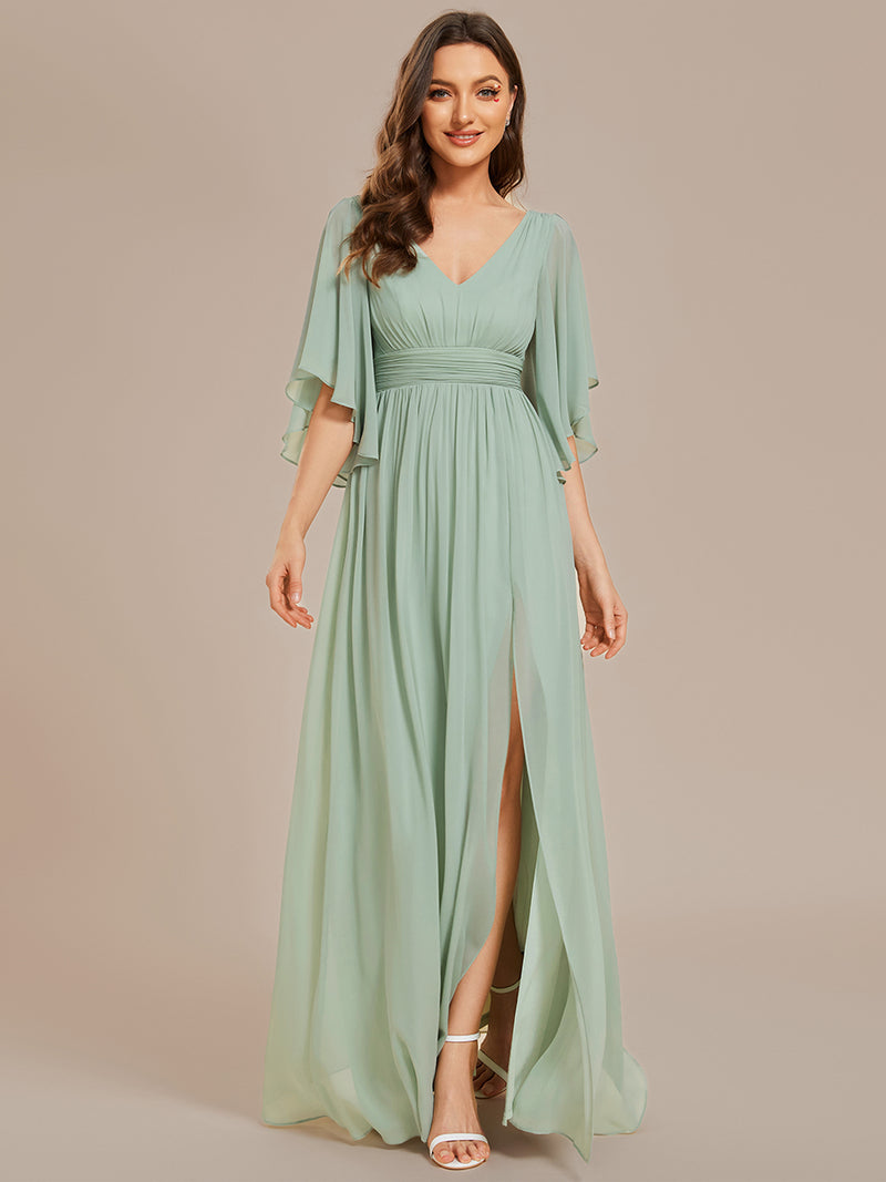 V Neck Pleated Belt Chiffon Bridesmaid Dress Mint Green