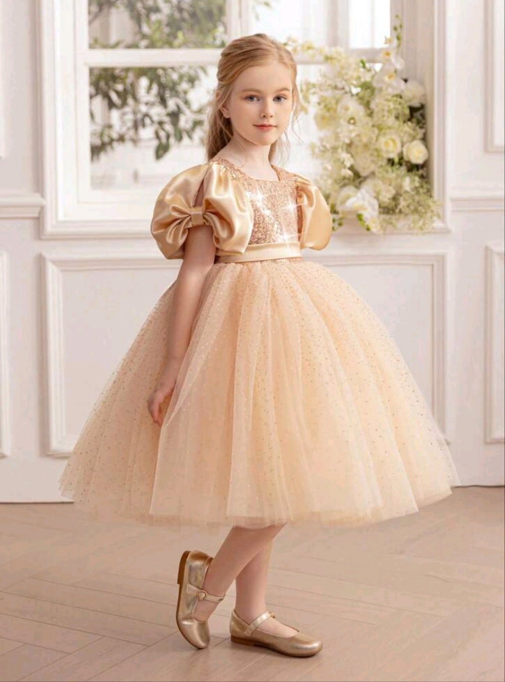 Gold Sequin Puff Sleeve Bow Party Dress