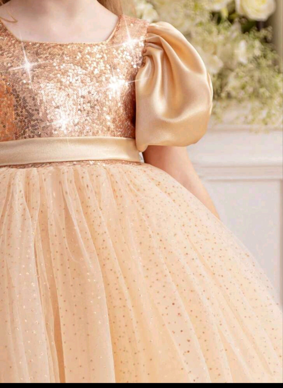 Gold Sequin Puff Sleeve Bow Party Dress