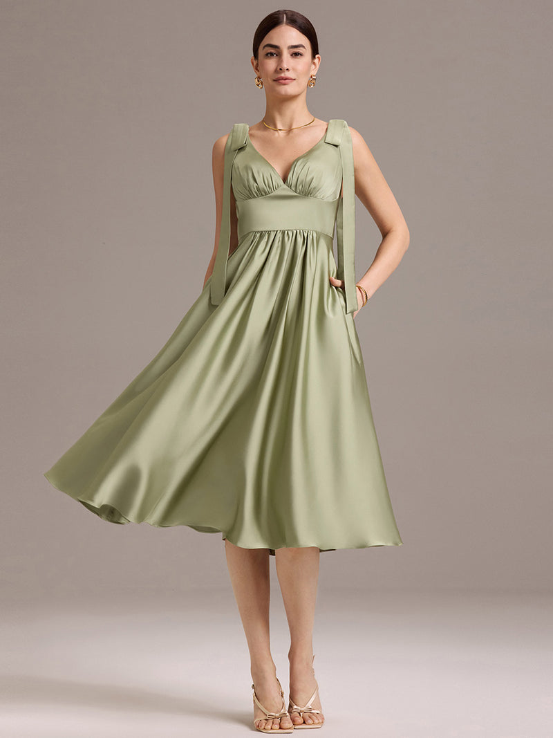 Sleeveless Tie-Shoulder Midi-Length Satin Dress