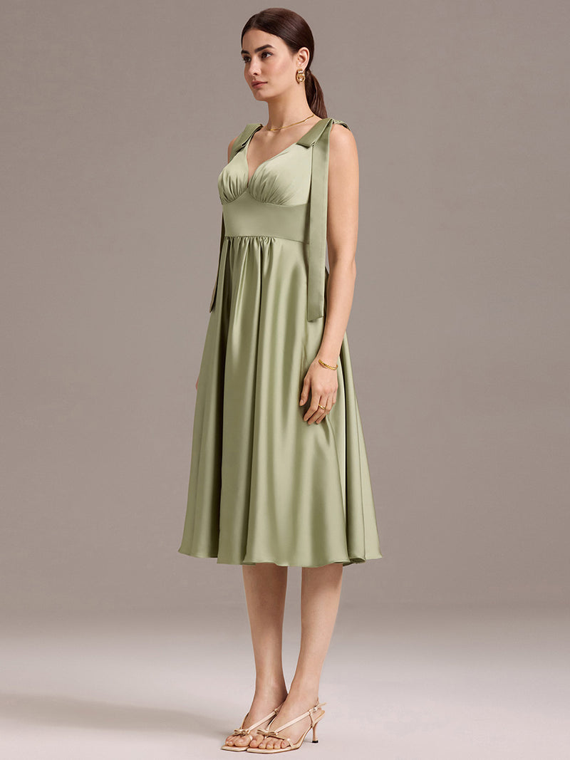 Sleeveless Tie-Shoulder Midi-Length Satin Dress